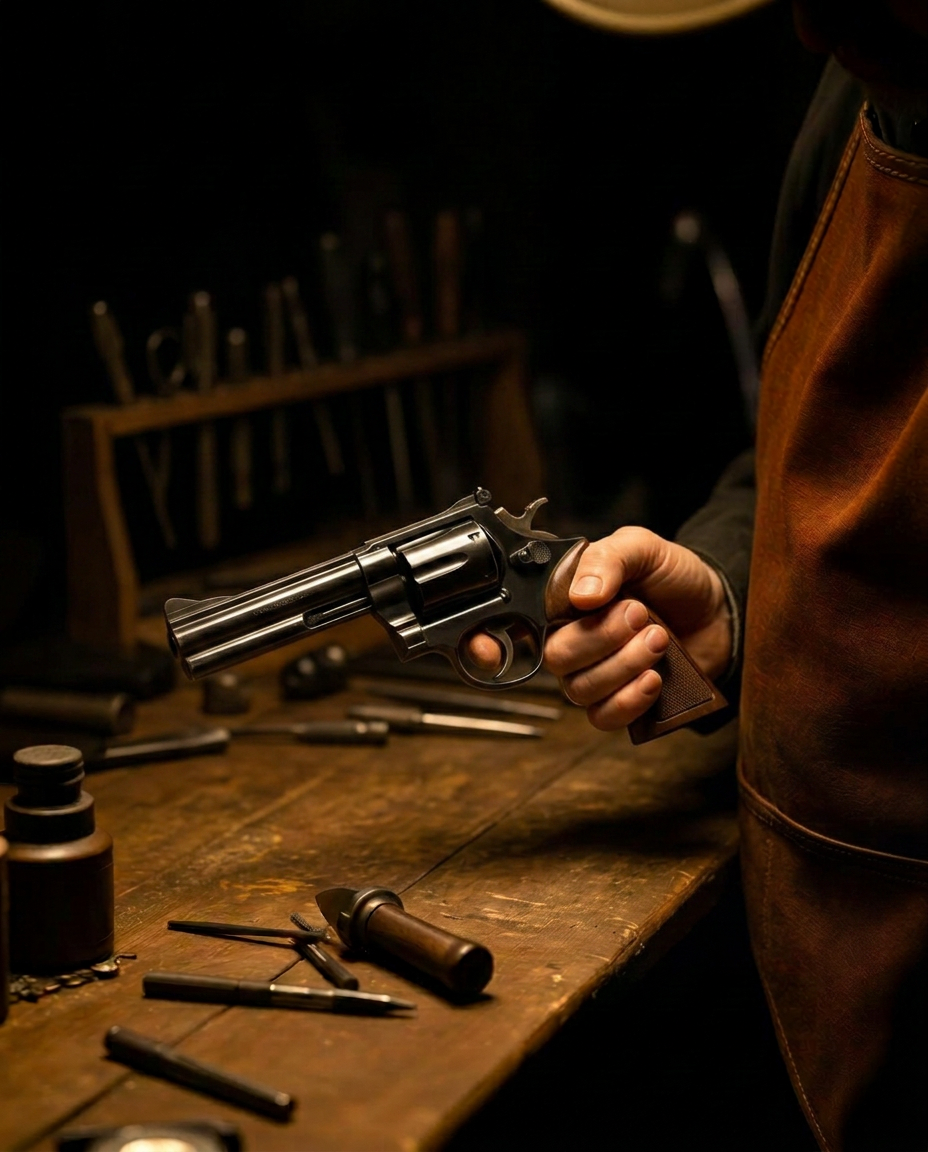 Gunsmith hands working on a revolver